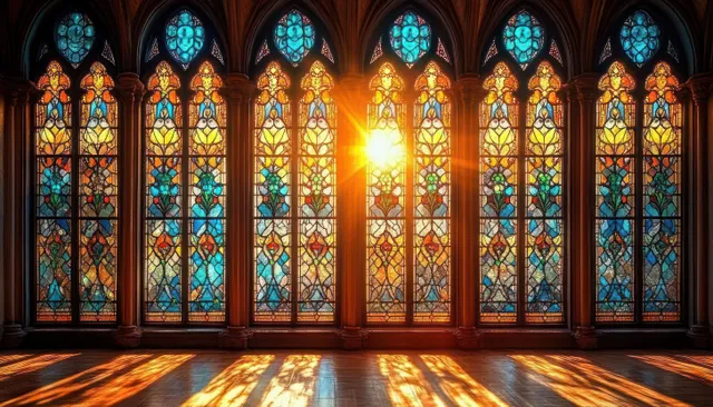 Gothic stained glass window with glowing floral patterns and sunlit arches in a dark interior.