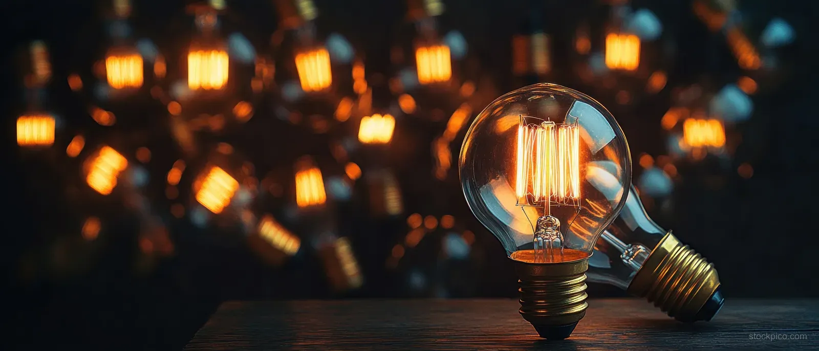 A glowing vintage lightbulb on a dark table with bokeh-like electric lights filling the background.