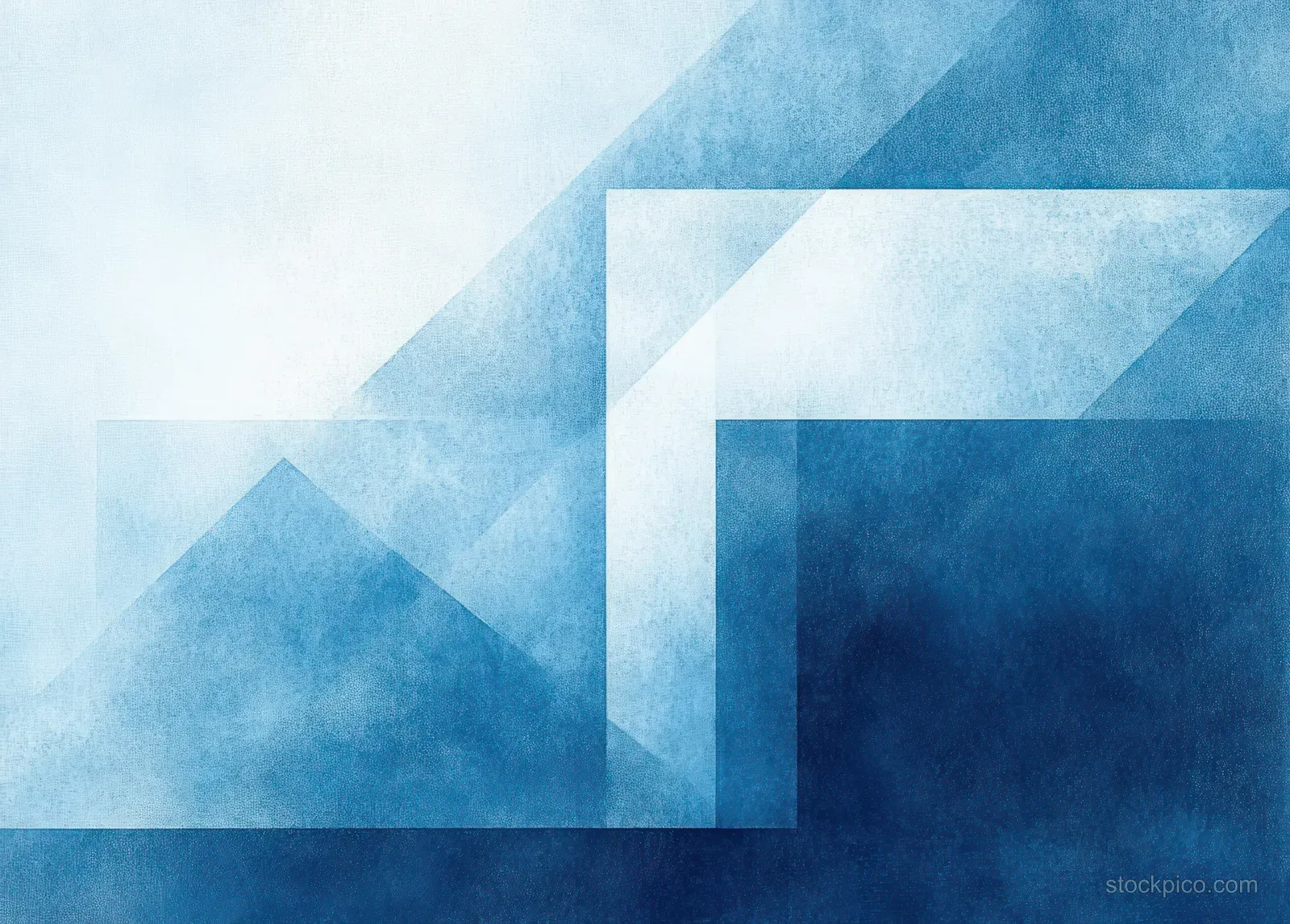 Layered translucent white triangles sit over a softly grungy blue geometric background.