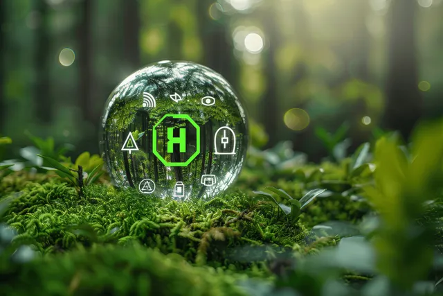 A glass sphere with green hydrogen and energy icons sits on moss in a sunlit forest clearing.