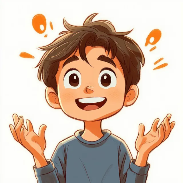 Cheerful cartoon boy shrugging with question marks floating above his head in an isolated cutout.