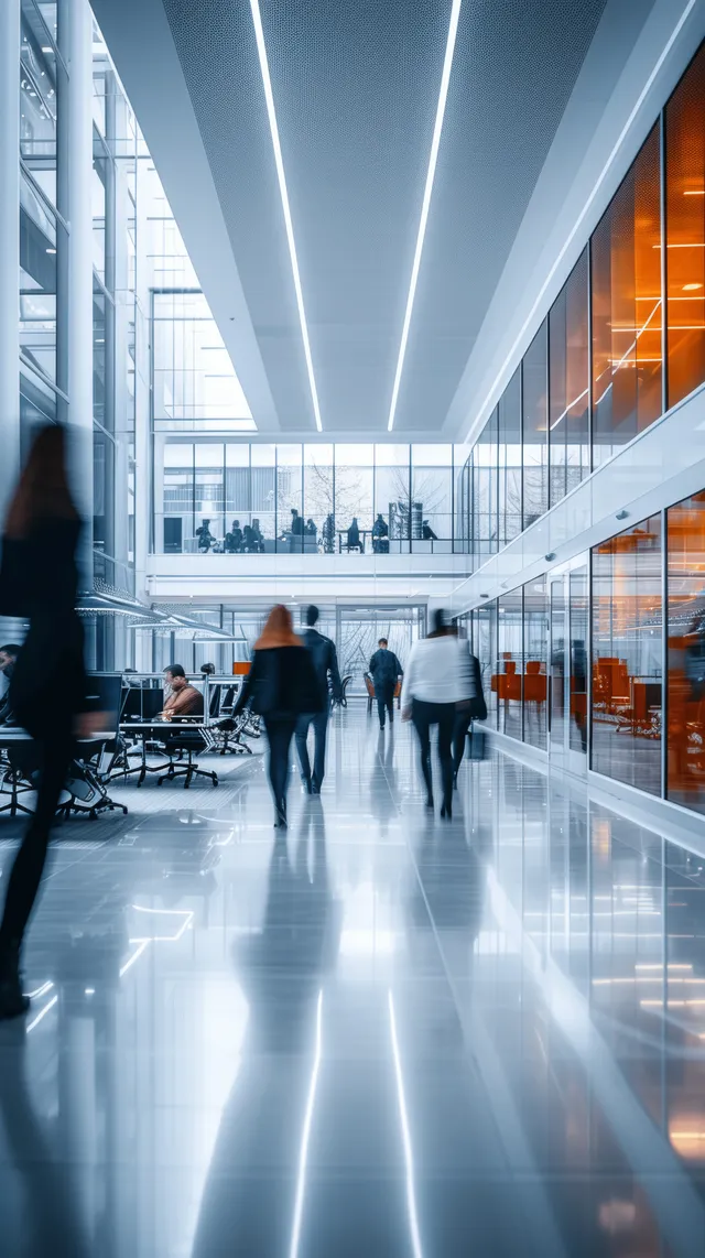 People walk through a bright office corridor with motion blur under glowing ceiling lights.