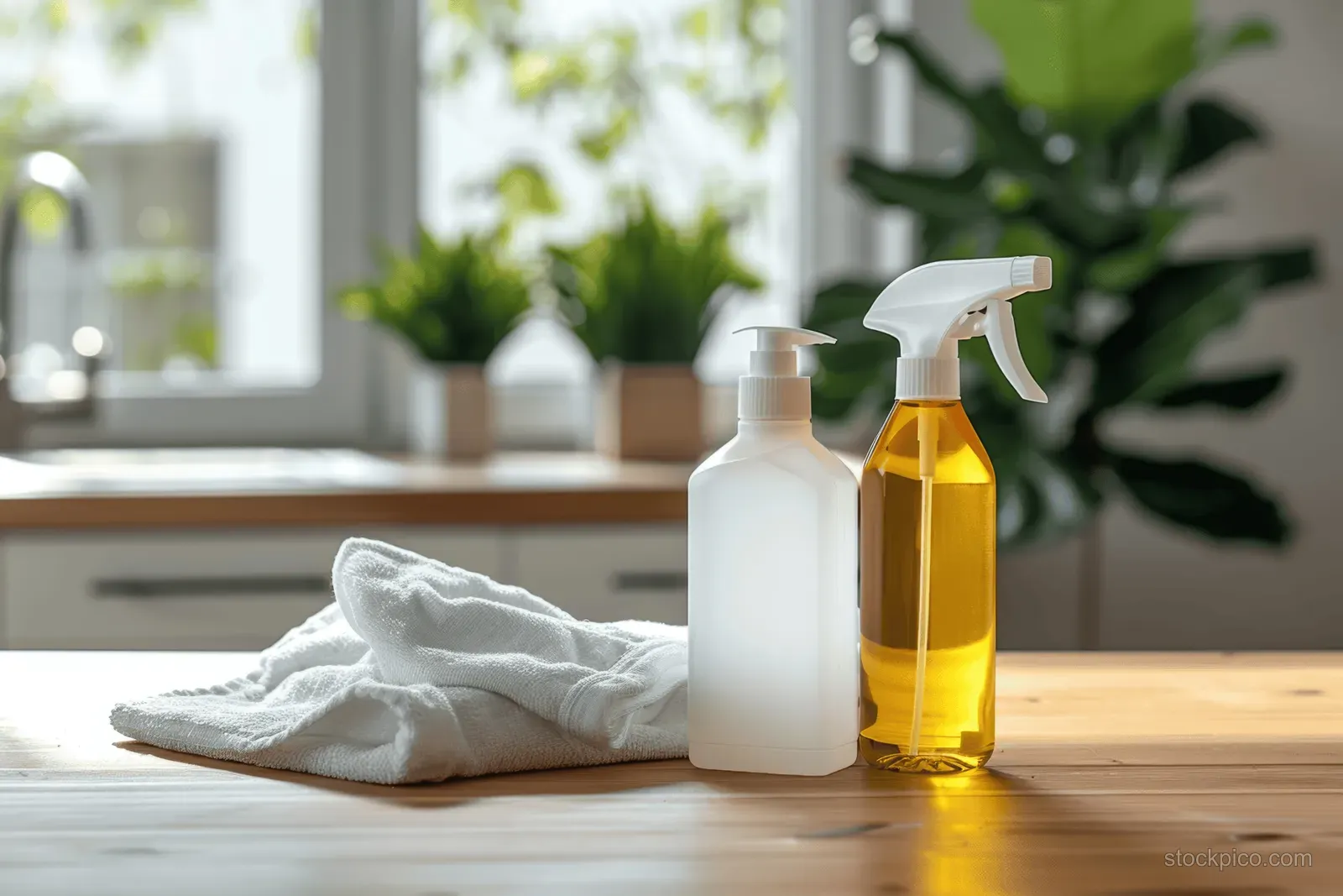 Yellow spray cleaner bottles and a folded microfiber cloth on a wooden kitchen table.