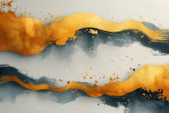 Gold wave brush stroke sweeping across a pale textured paper background with blue ink and speckles.