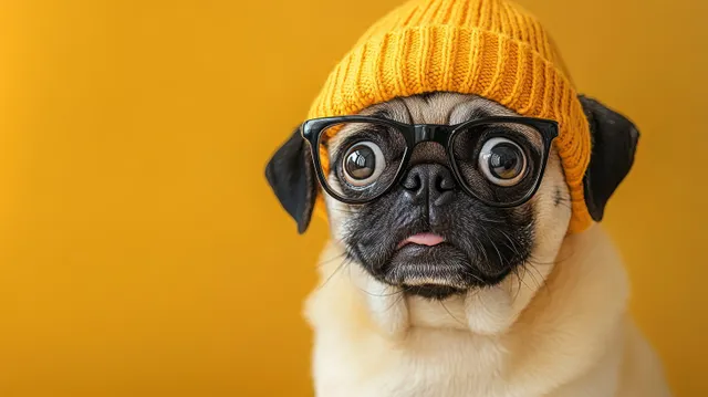 Pug dog wearing black glasses and a yellow knit hat against a solid yellow backdrop
