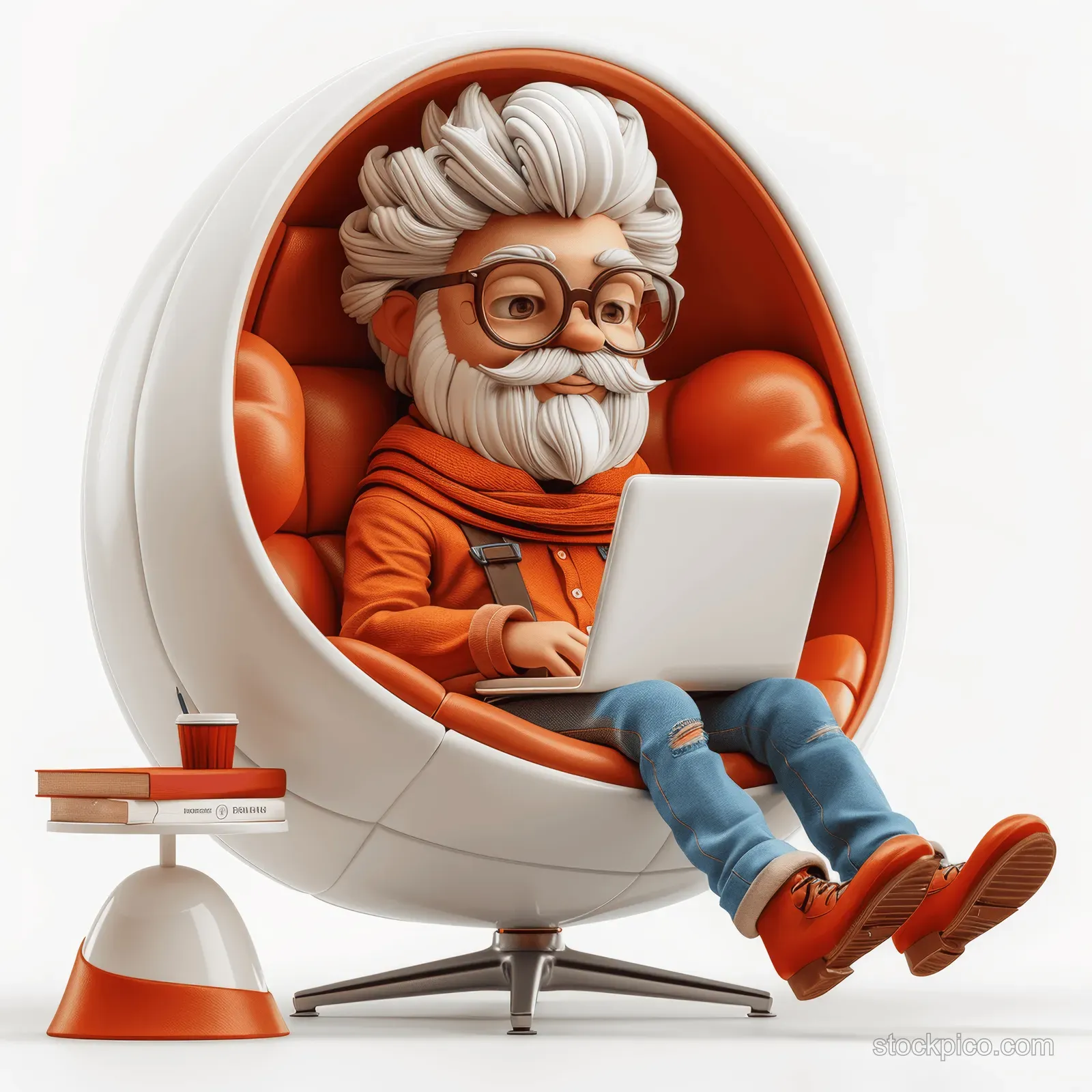 3D cartoon businessman relaxing in a white egg-shaped chair while working on a laptop.