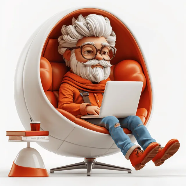 Cartoon businessman with laptop relaxing in egg-shaped chair on studio white background
