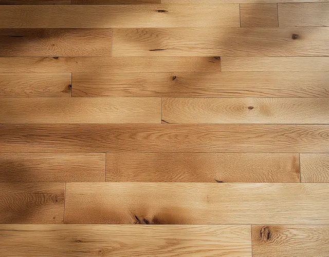 Light brown wooden floorboards with natural grain and knots lit softly indoors.