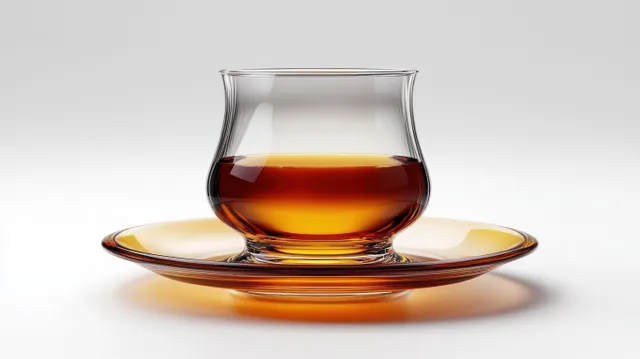 Transparent glass cup of amber liquid on a matching saucer with studio reflections on a light background.