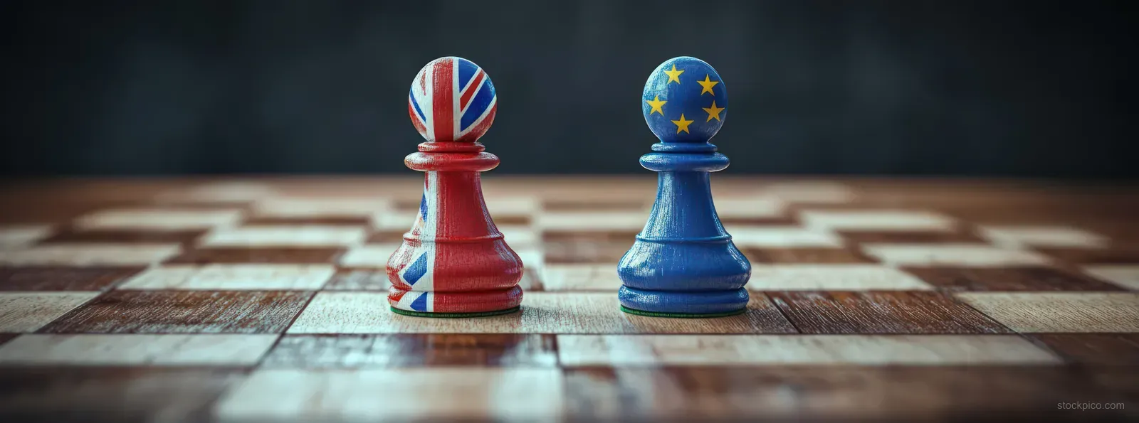 UK and EU flag pawn pieces sit on a chessboard with soft light and blurred background.
