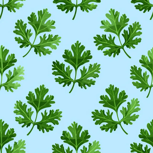 Coriander leaves form a repeating pattern over a light blue seamless background.