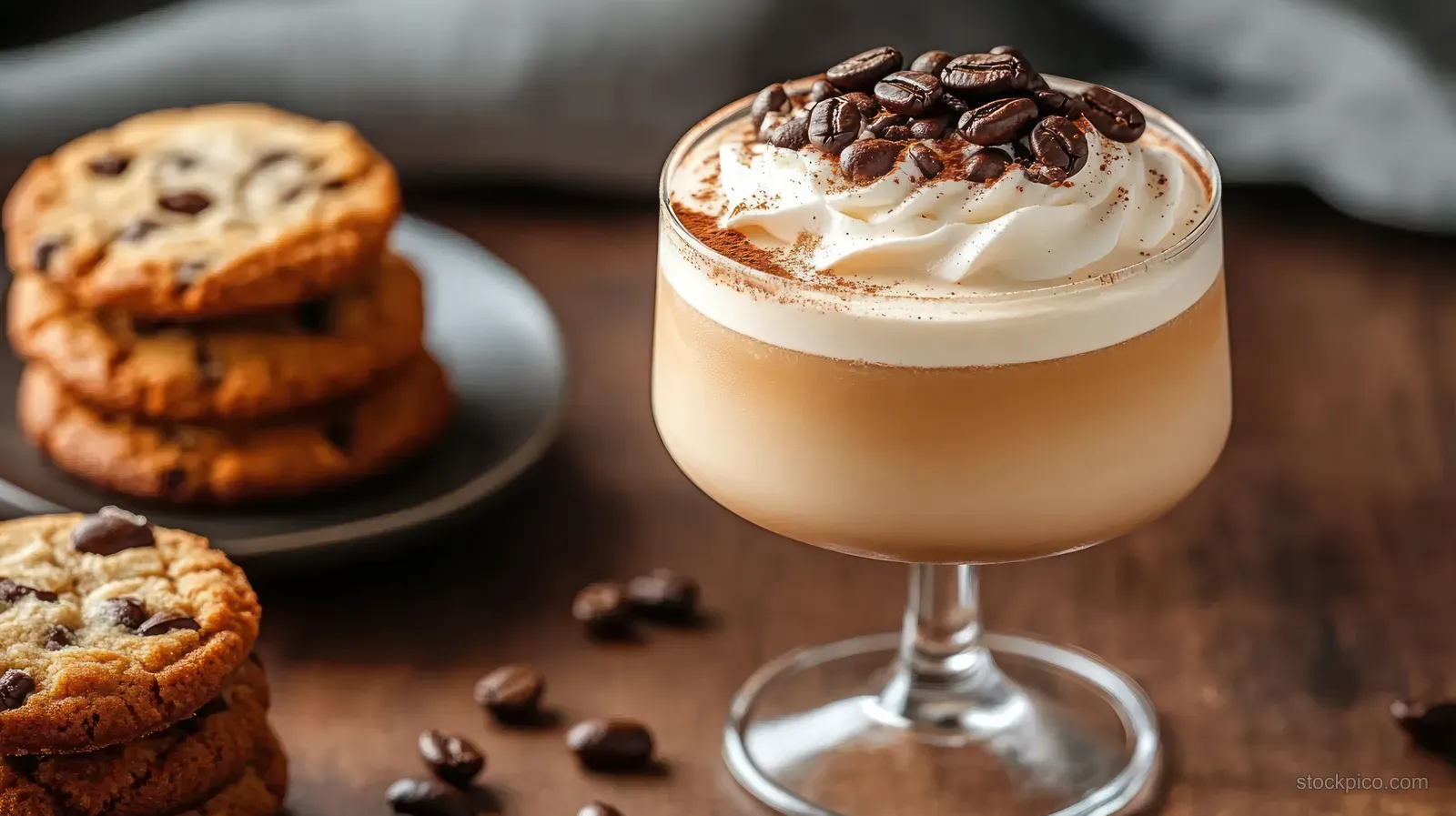 Creamy coffee dessert in a glass with whipped cream and coffee beans beside chocolate chip cookies on a wooden table.