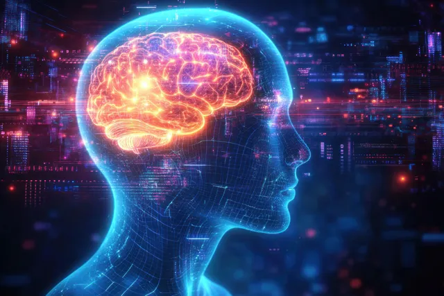 Futuristic digital human head glowing brain with flowing data streams in neon city