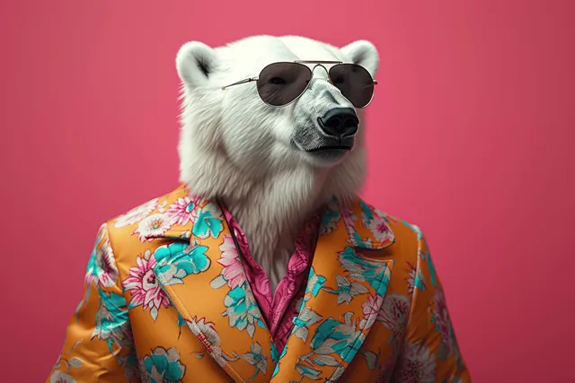 Stylish polar bear wearing a colorful patterned suit against a pastel pink studio backdrop