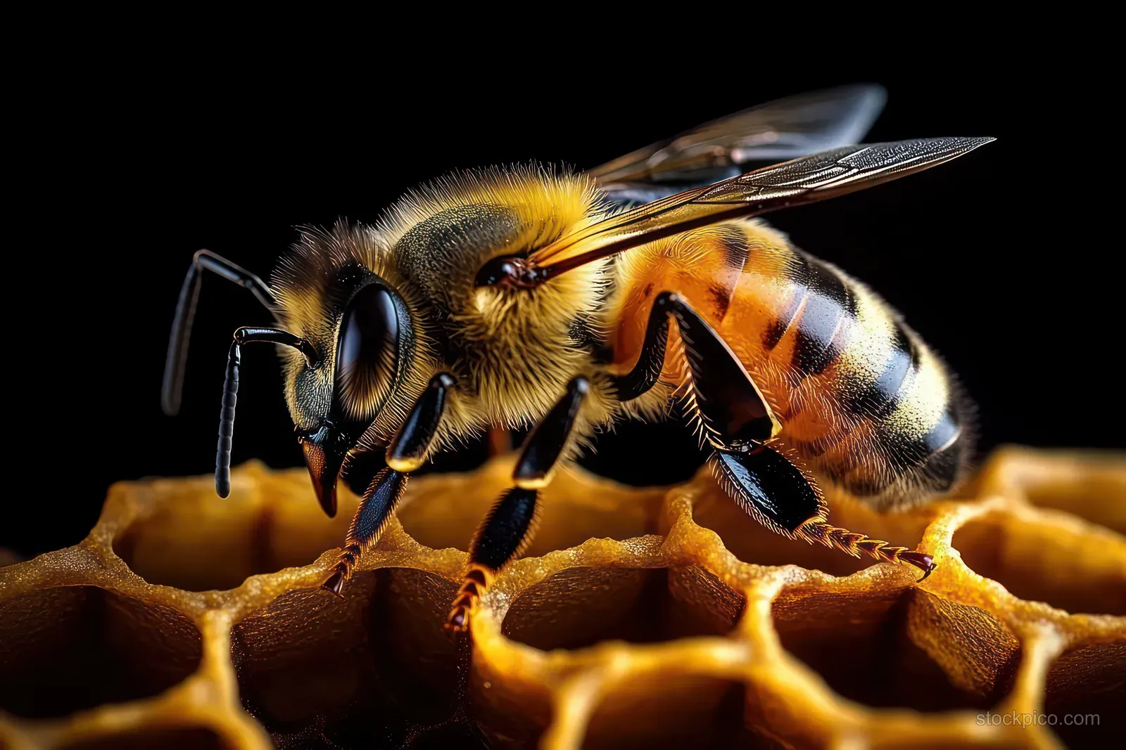Honeybee perched on honeycomb cells with fuzzy body, striped abdomen, and detailed wings against a dark background.