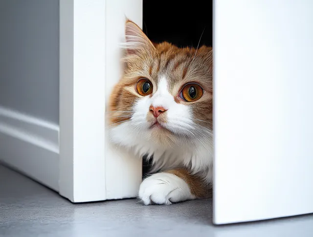 Curious orange-and-white cat peeking from a slightly open white door gap with wide eyes with Shallow Depth Of Field