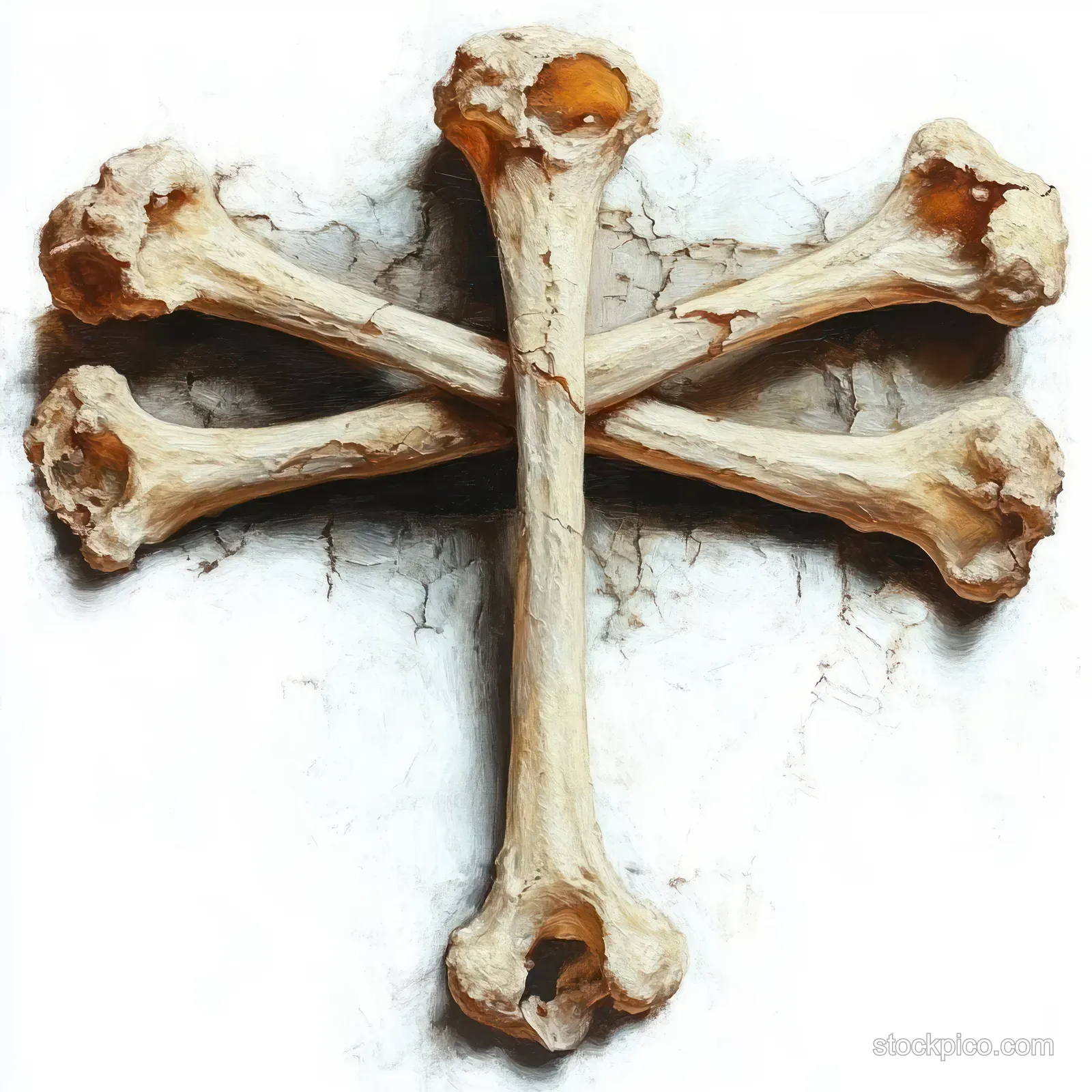 Five weathered bones arranged into a cross against a cracked white wall.