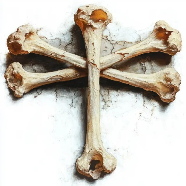 Five weathered bones arranged into a cross against a cracked white wall.