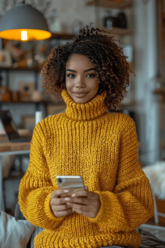 A woman in a yellow sweater smiles while typing on her smartphone at a desk in a home office.