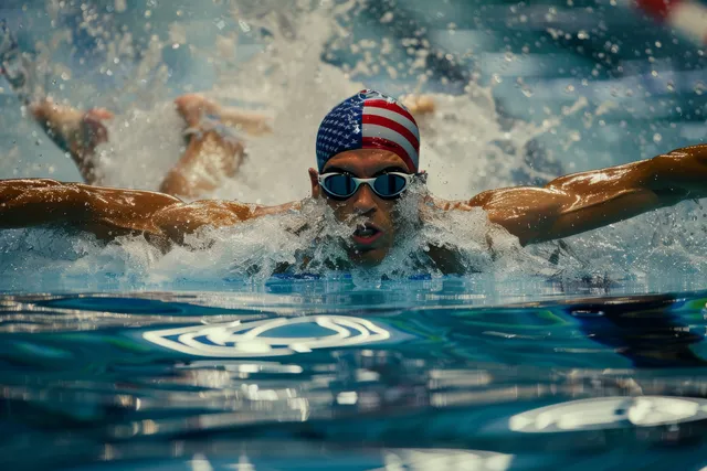 A male swimmer performs breaststroke in a pool with strong splashes and a U.S. flag reflection.