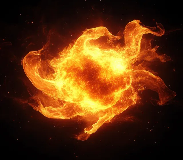 An orange-yellow plasma fireball swirls in dark space, radiating heat waves and sparks around it.