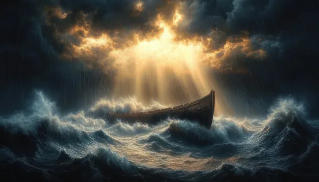 Noah’s Ark battling stormy waves as bright beams break through dark clouds