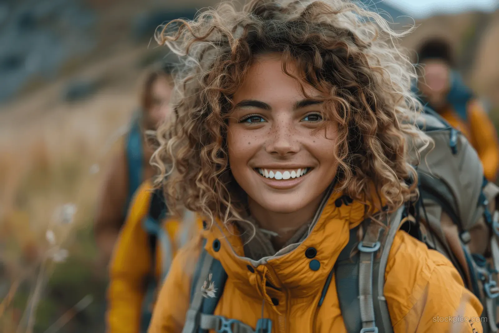 A smiling hiker with curly hair and freckles in a yellow jacket and backpack on an outdoor trail.