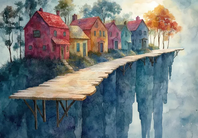 Pastel watercolor floating village houses on wooden bridges over misty cliffs and foggy sky.