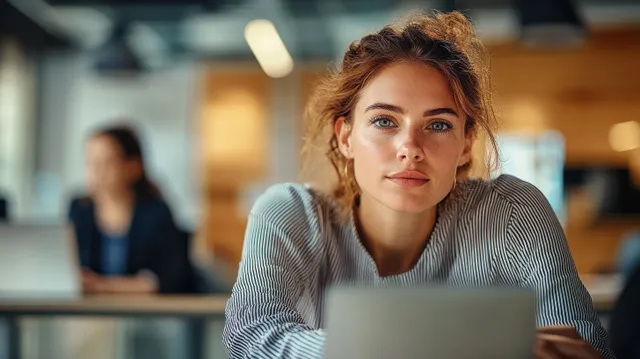 Young Hispanic woman typing on laptop in bright modern office with coworkers blurred behind