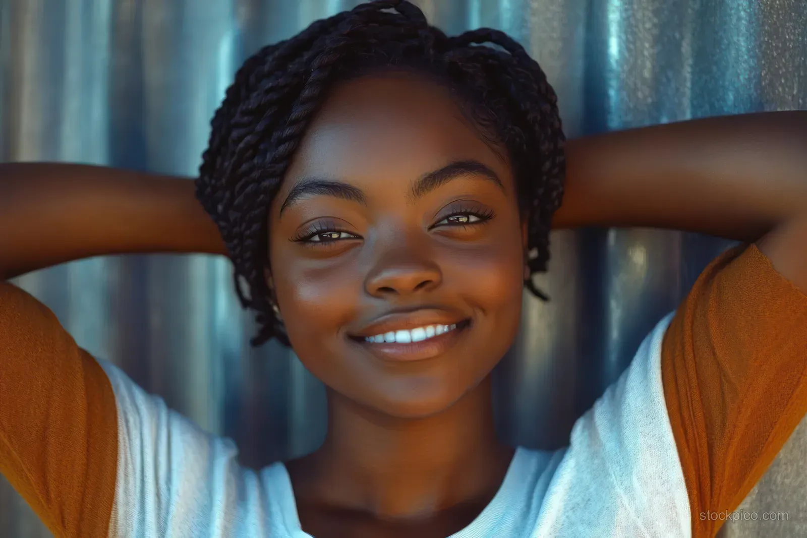 Young woman with braided hair smiling warmly with arms behind head against a textured metallic backdrop.