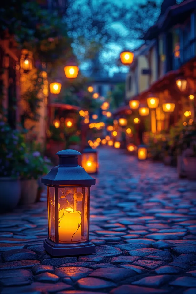 Lanterns glowing along cobblestone lane at night, warm candlelight reflections