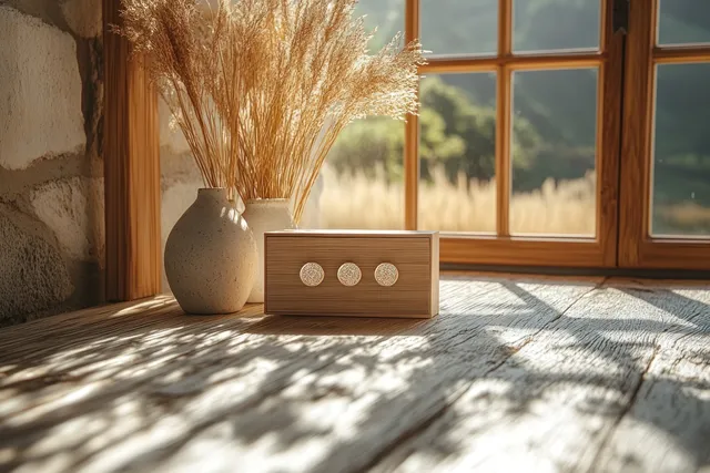 Minimalist wooden jewelry box with golden earrings on a sunlit stone floor near a window