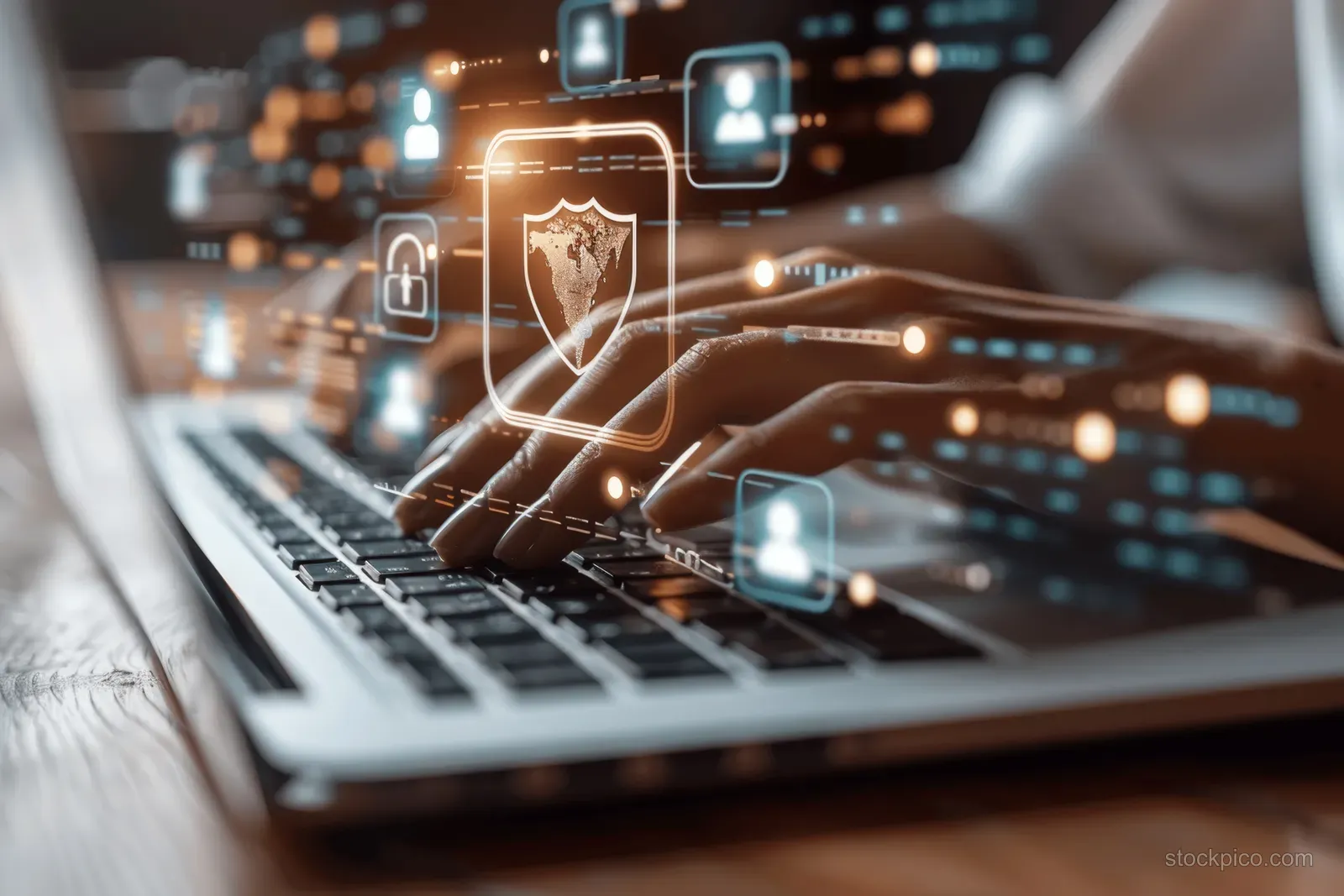 Hands typing on a laptop as glowing padlock icons and network nodes overlay the screen.