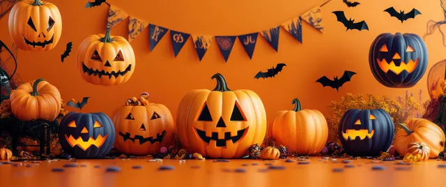Jack-o’-lantern pumpkins and gourds sit on a Halloween party background beneath colorful hanging banners.