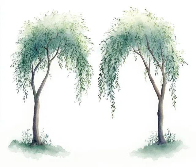 Watercolor illustration of two willow trees arching over a sunlit garden landscape in soft pastel colors.