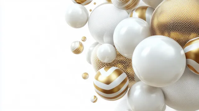 Glossy white and gold spheres clustered on a clean white background