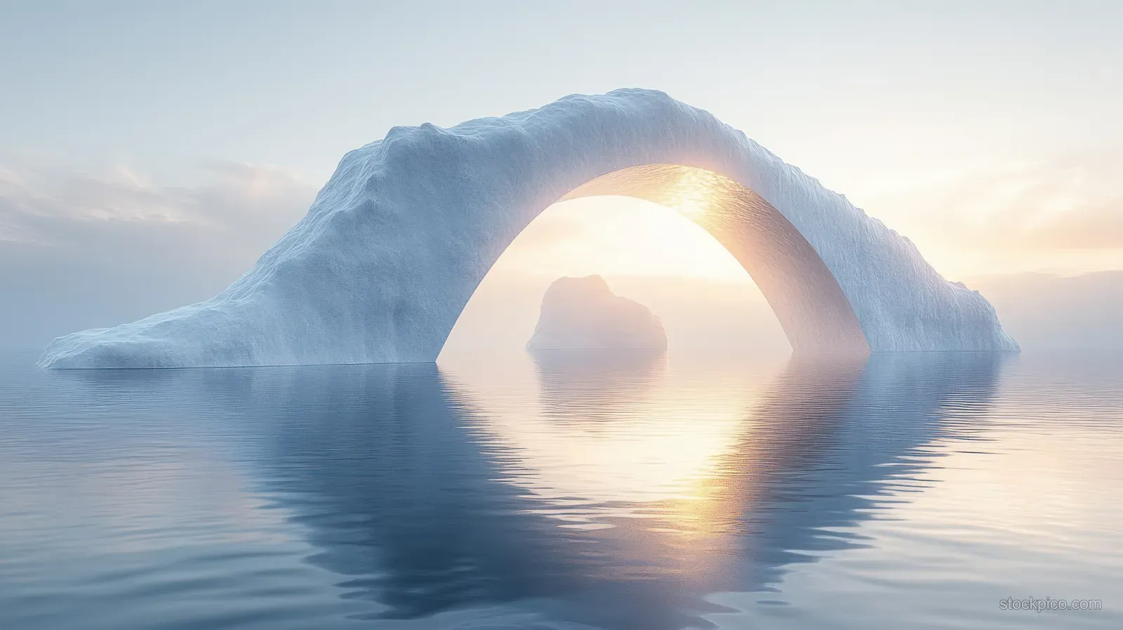 Minimalist Abstract Mountain Lake Scene with Glowing Arc Light and Soft Blue Gradient