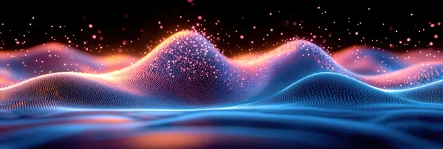 Luminous quantum wave lines ripple over a starry, atom-like horizon with colorful interference patterns.