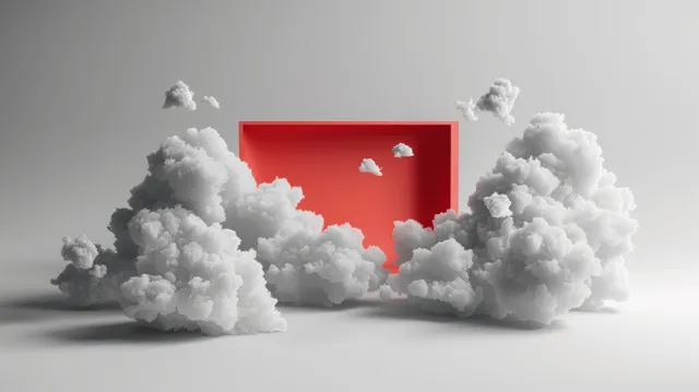 Red rectangular portal emerging from white clouds over a minimal gray backdrop