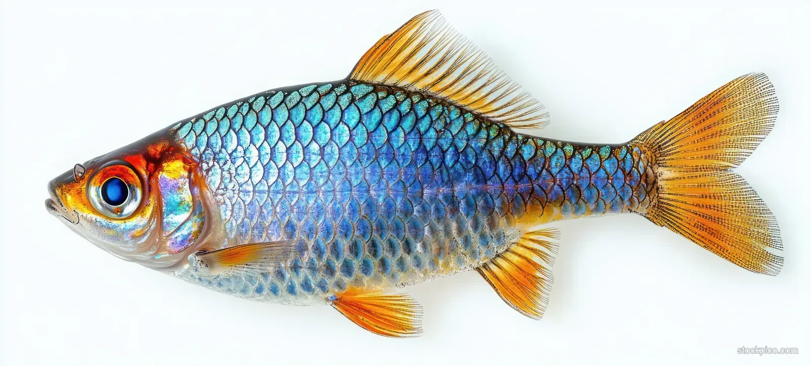 Blue and orange fish with translucent fins shown in close-up, isolated on a white background.