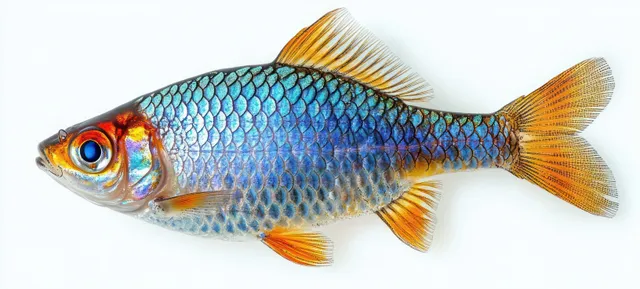 Blue and orange fish with translucent fins shown in close-up, isolated on a white background.
