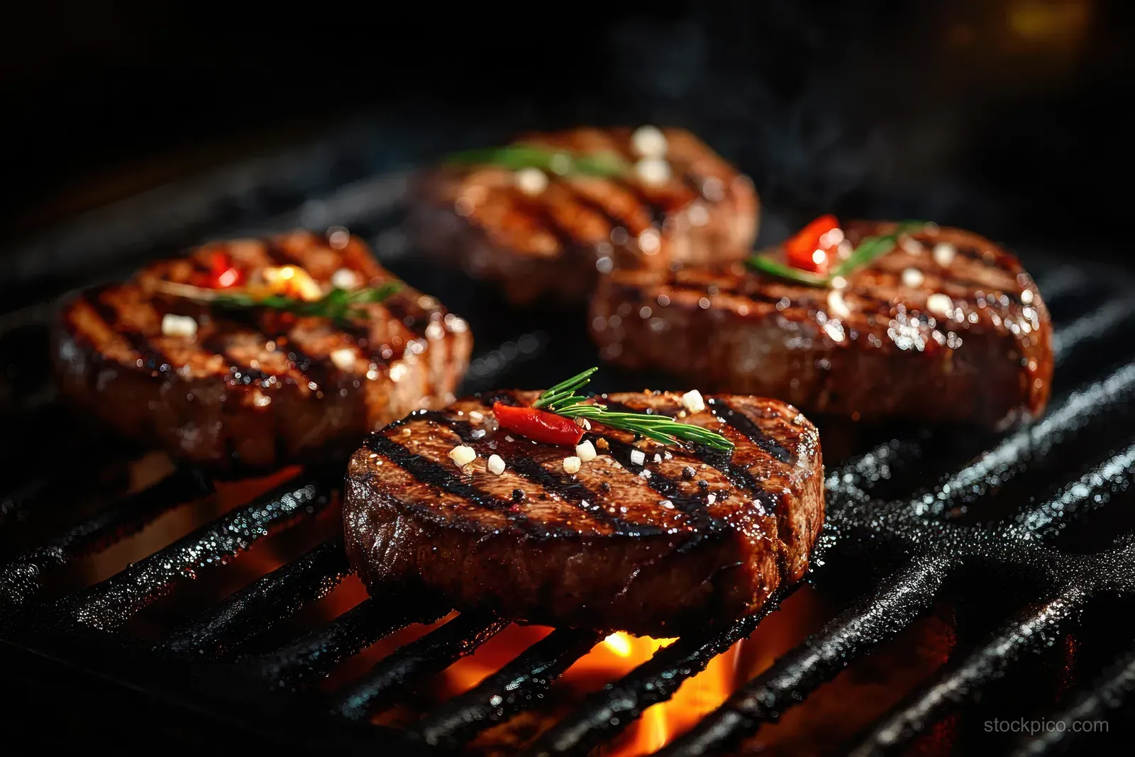 Four steaks sizzling on a charcoal grill with rosemary and flames beneath.