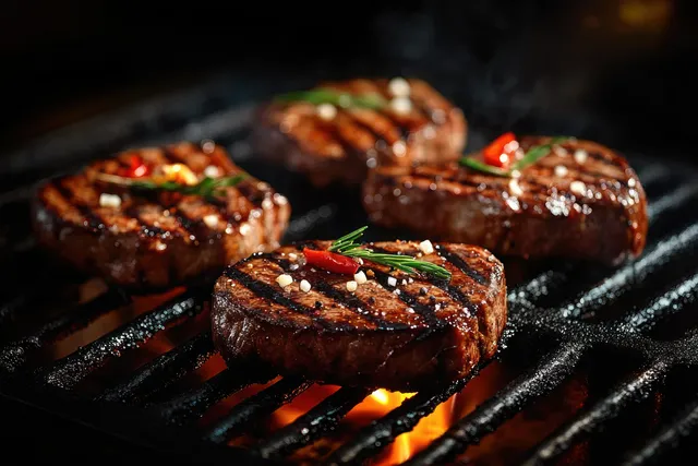 Steaks Sizzling on a Charcoal Grill with Rosemary Sprigs