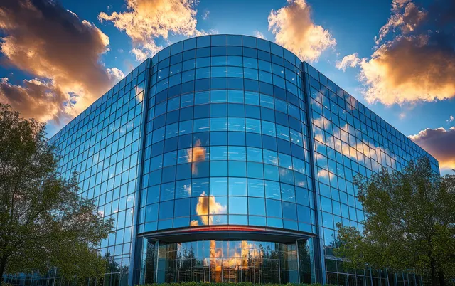 Sunset glass office tower reflecting gold clouds, framed by green trees and landscaped grounds
