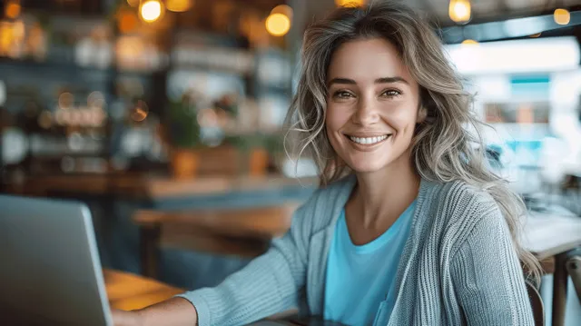 A smiling young woman types on a laptop at a cafe table with warm lights in the background.
