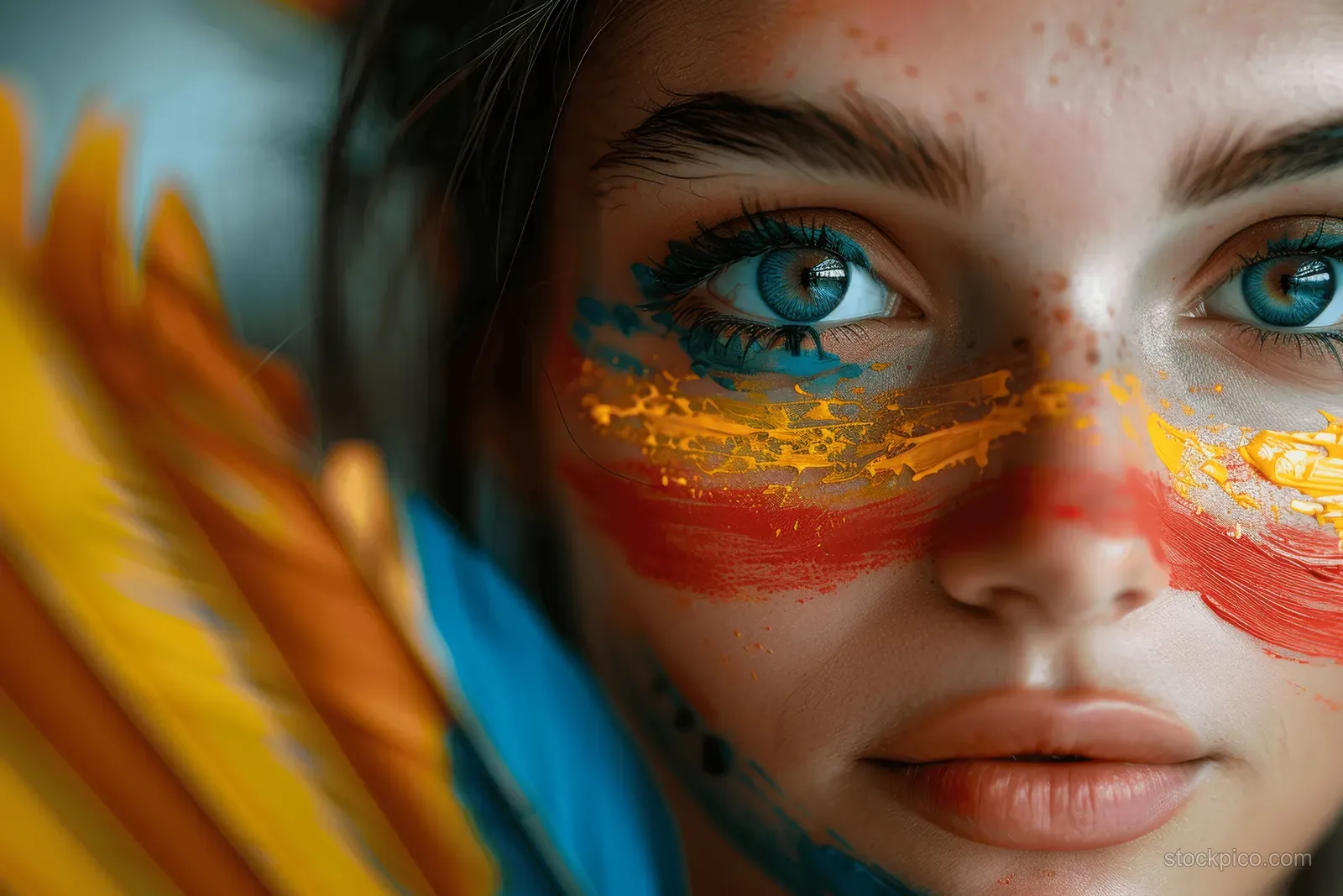 Close-up of a cheerful German girl fan with German-flag face paint holding a fan and cheering.
