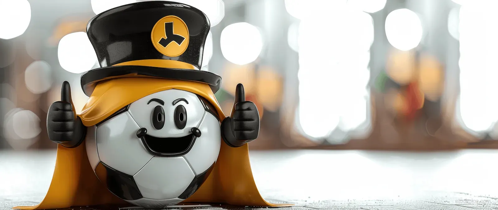Soccer ball mascot with a German flag cape gives a thumbs-up wearing a black and yellow top hat on a bright background.