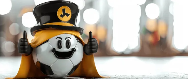 Soccer ball mascot gives a thumbs up while wearing German flag cape and top hat
