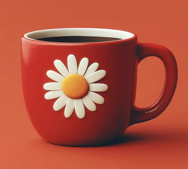 Red coffee mug with daisy flower decoration filled with black coffee on orange background