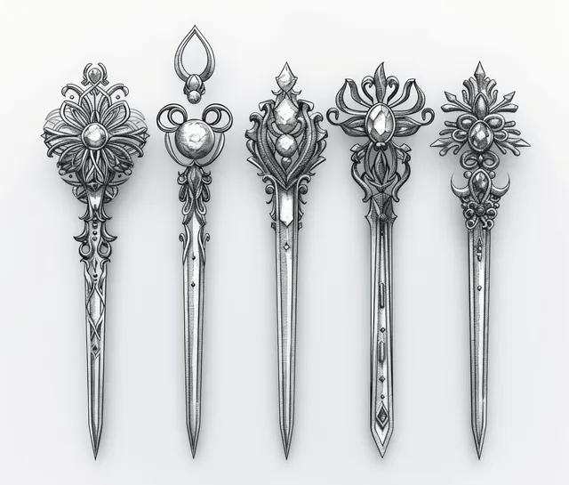 Metal hair pin sketches arranged on white background, ornate top view details